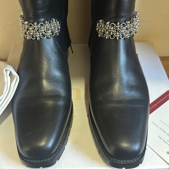 Manolo Blahnik Marisco Floral Chain Black Straight Leg Leather Boots Size 42 - Picture 4 of 8